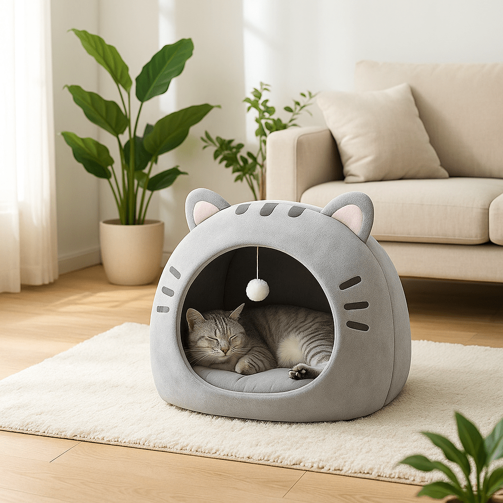 panier chat gris chat dors tapis blanc