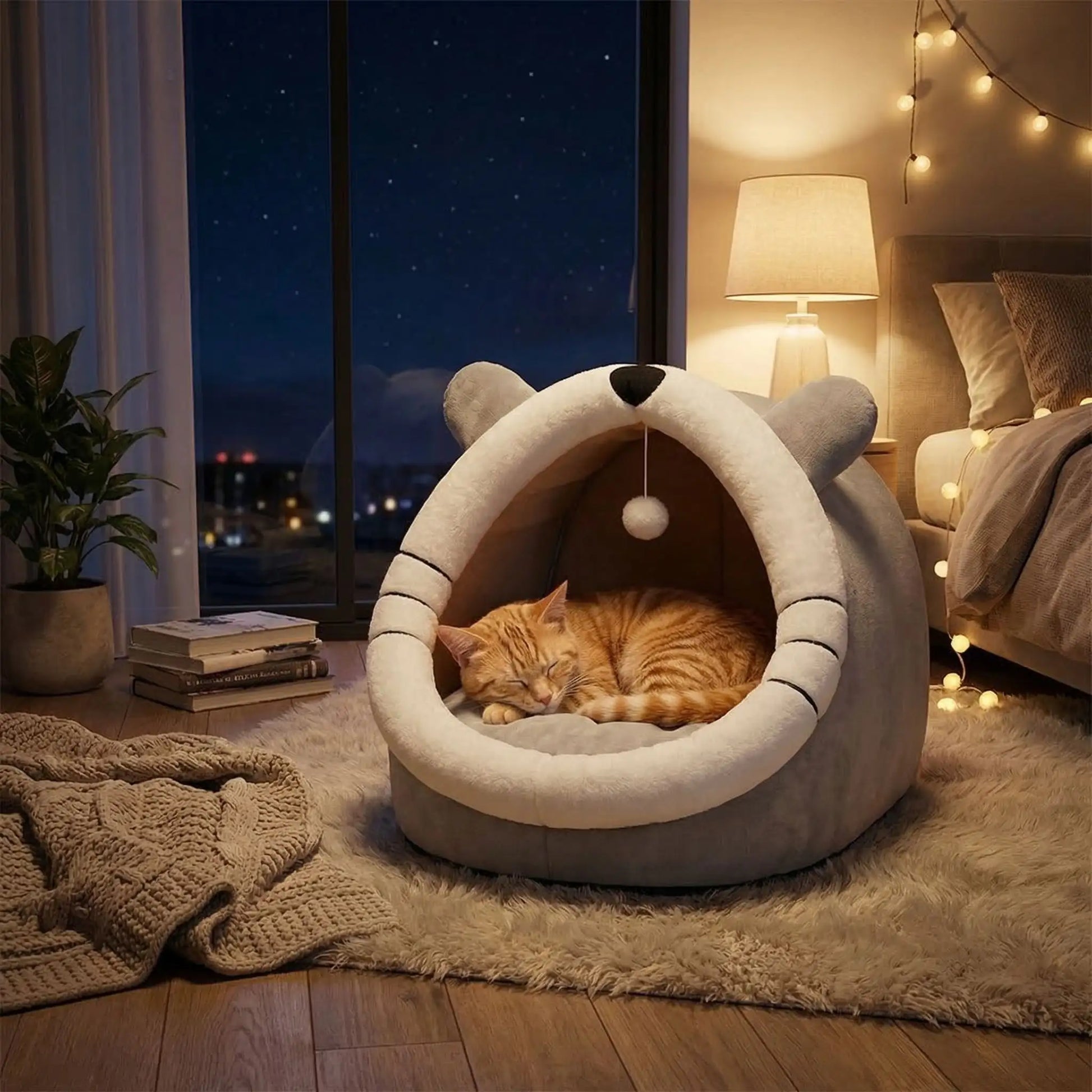 panier chat guirlande lampe tapis livre nuit plante