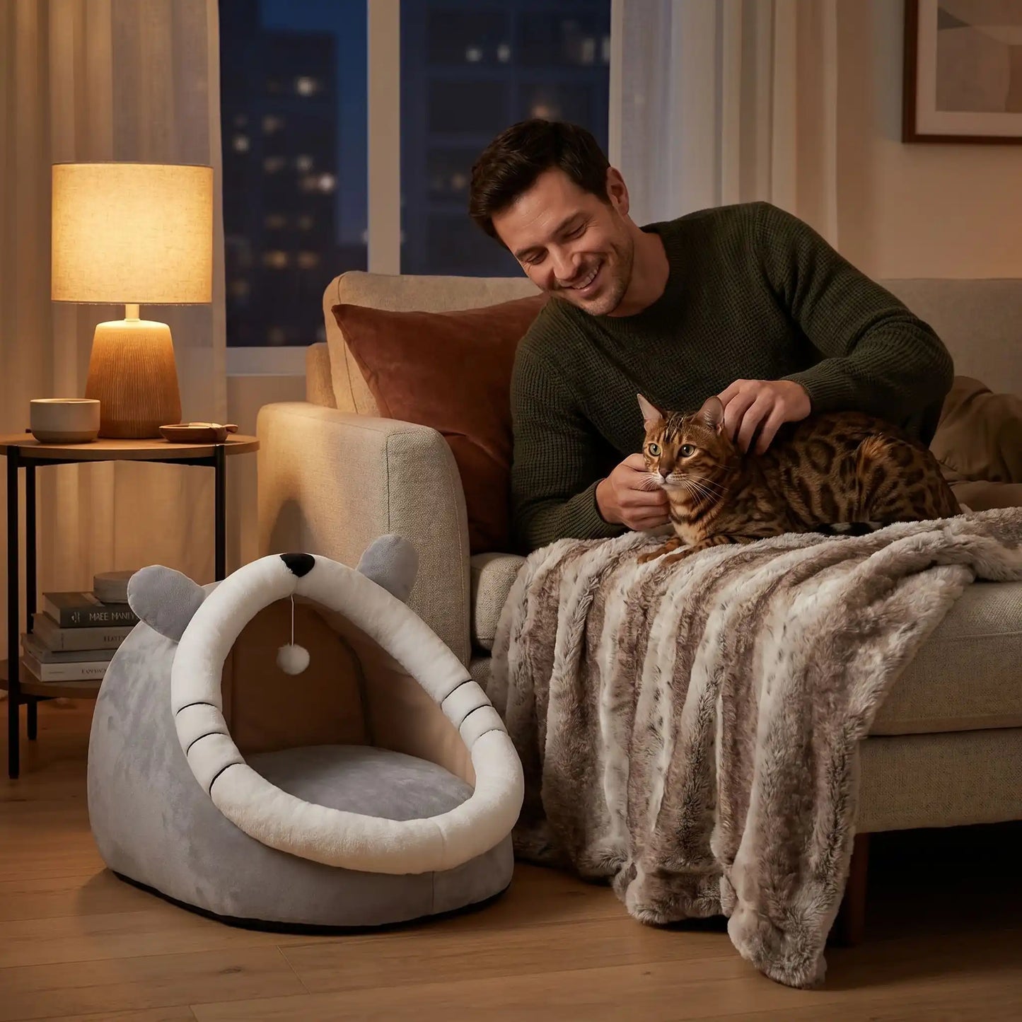 panier chat homme caresse bengal lampe coussin tableaux