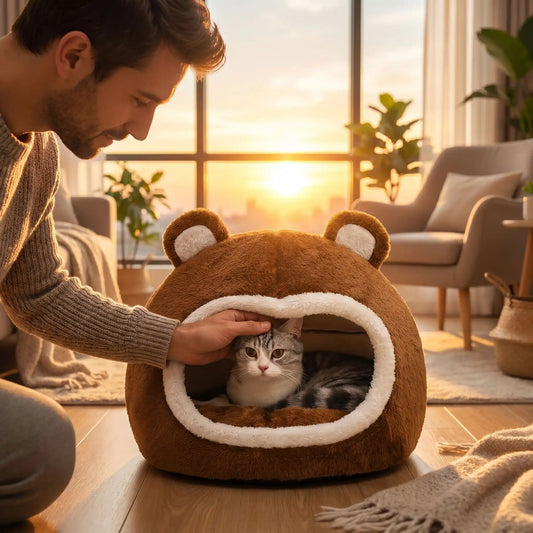 panier chat homme caresse chat soleil fauteuil tapis