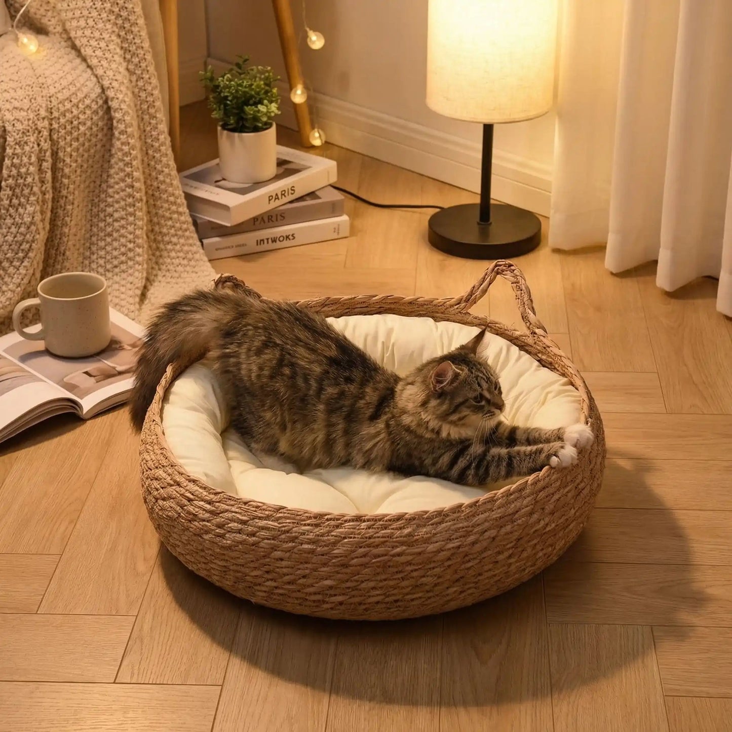panier chat livre lampe mug guirlande rideaux plante