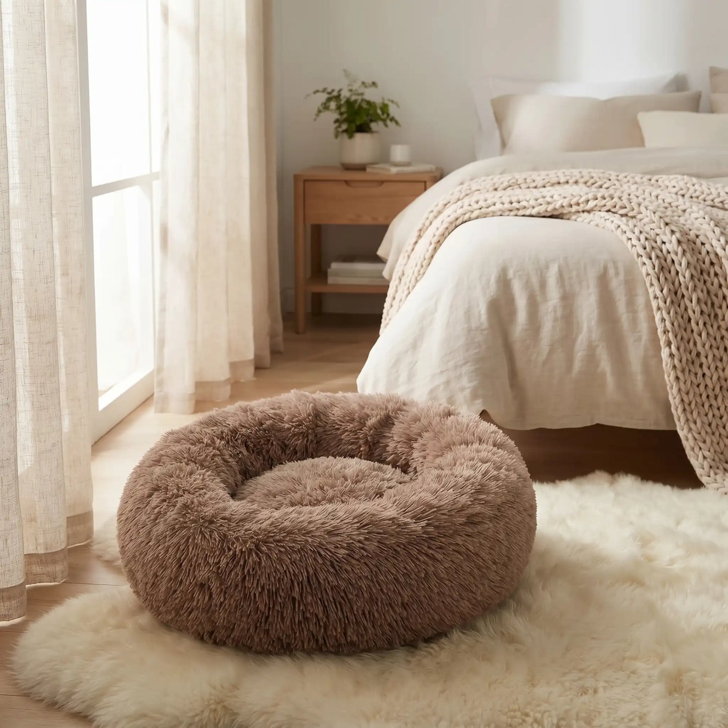 panier chat marron lit coussin couverture tapis table chevet