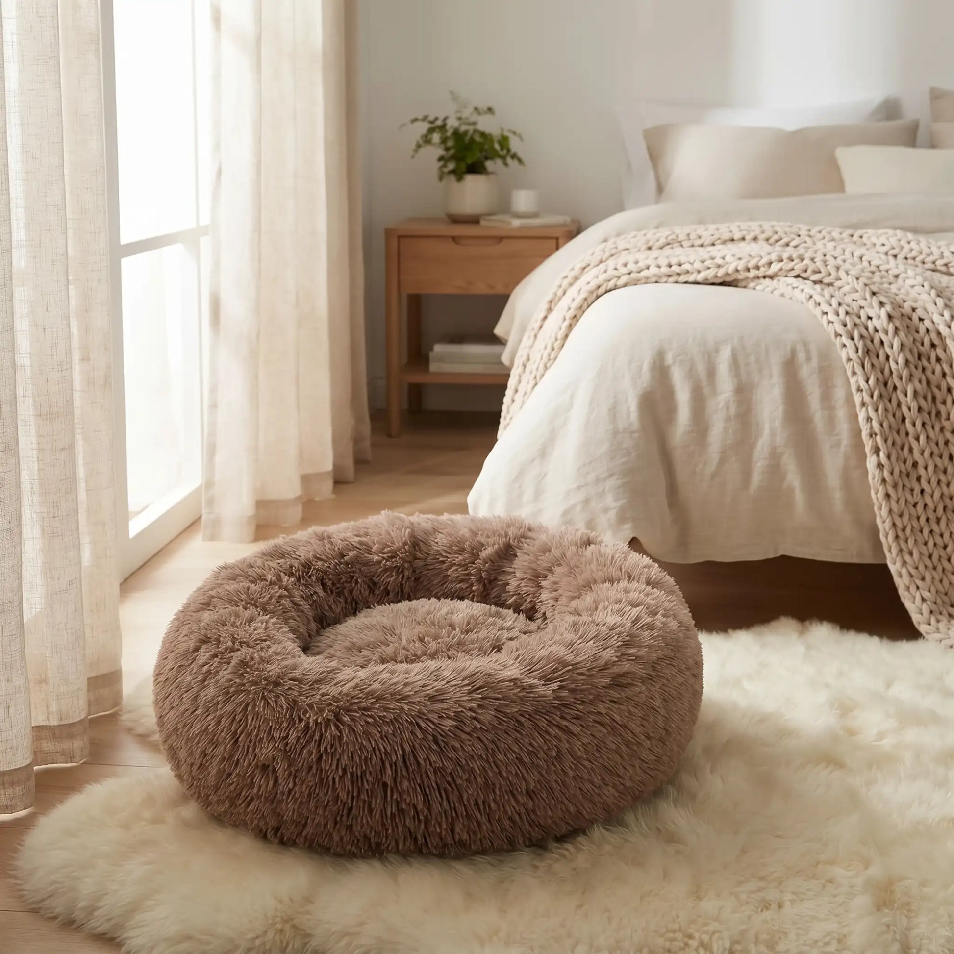 panier chat marron lit coussin couverture tapis table chevet