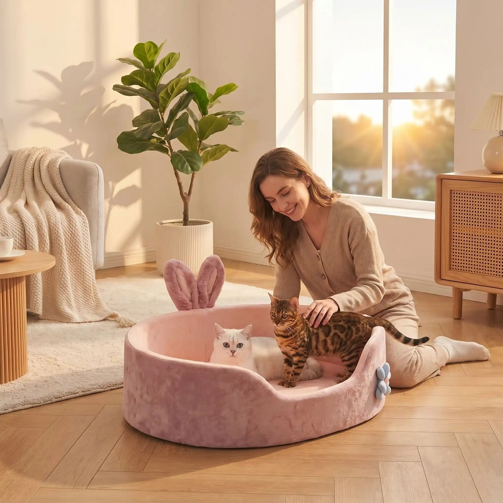 panier-chat-rose-femme-caresse-bengal-tapis-meuble