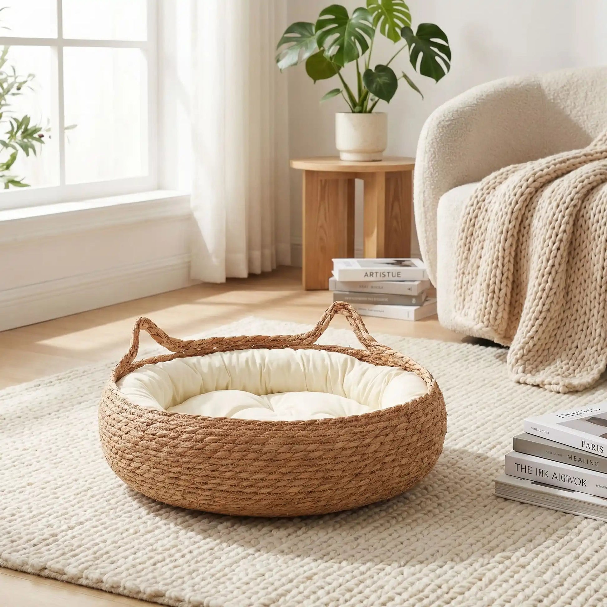 panier chat tapis couverture table livre plante verte