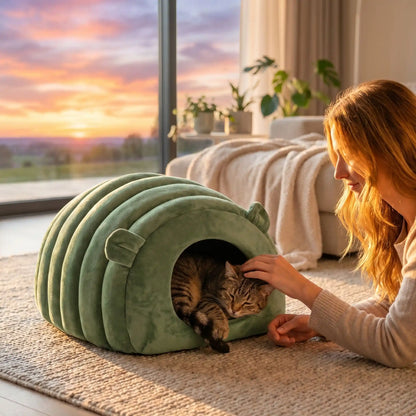 panier chat vert femme caresse chat soleil arbre