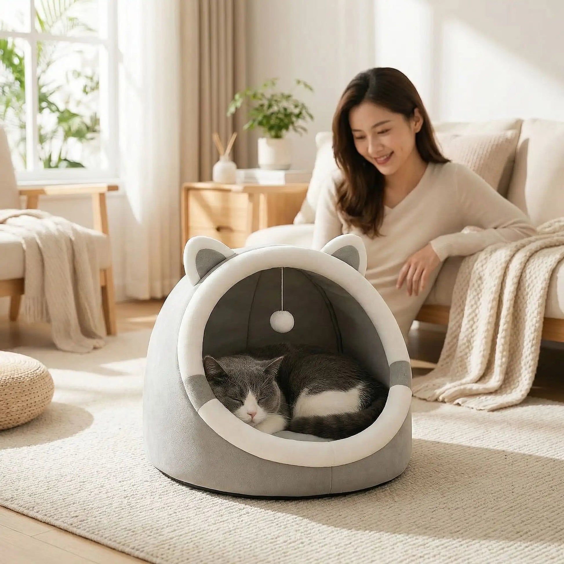 femme-qui-sourit-chat-dort-panier-pour-chat-couverture