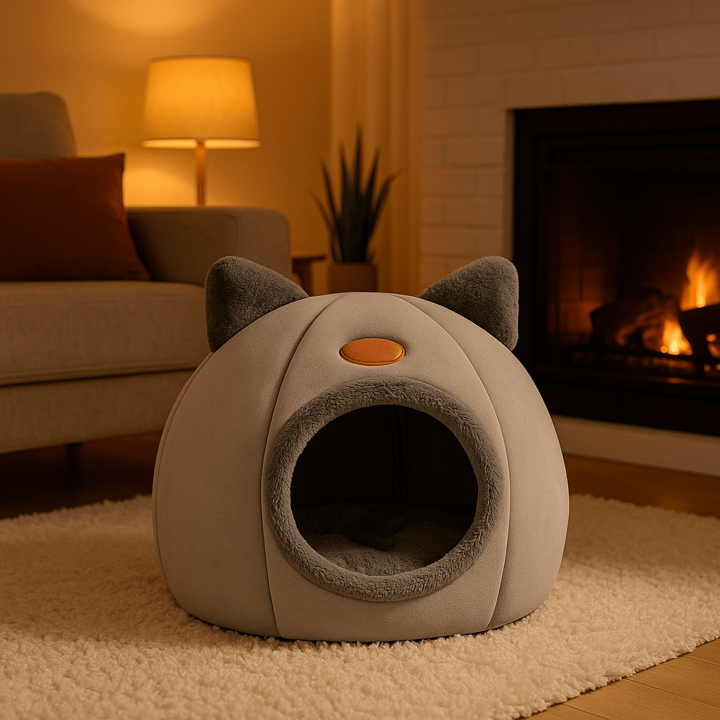 panier-pour-chat-couleur-gris-coussin-rouge-plante-lampe