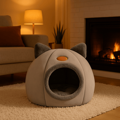 panier-pour-chat-couleur-gris-coussin-rouge-plante-lampe