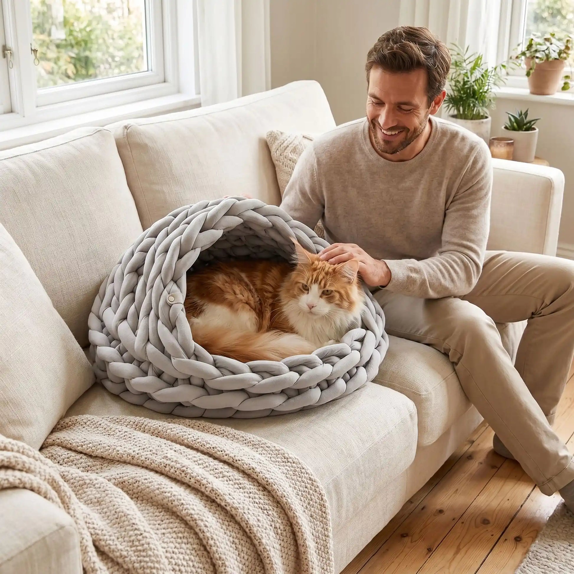 panier pour chat couleur gris homme souriant plante