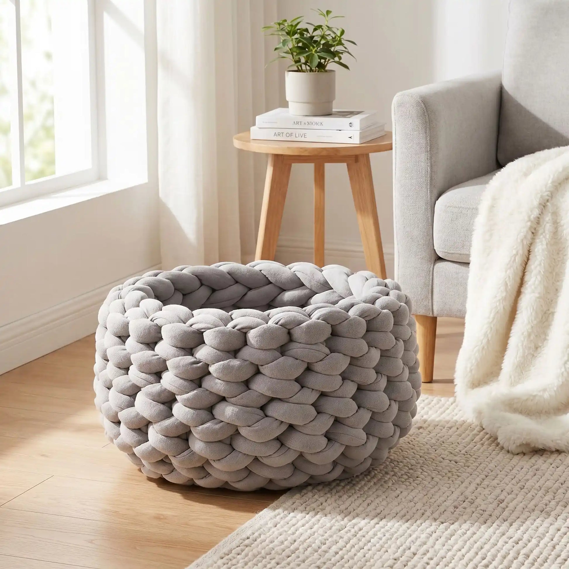 panier pour chat couleur gris livre rideaux plante