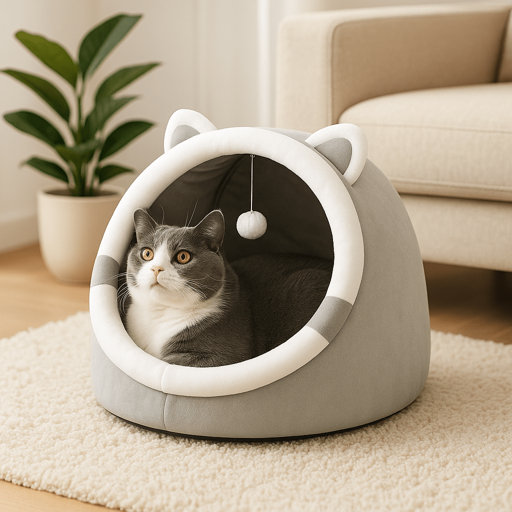 panier-pour-chat-couleur-gris-plante-verte-tapis