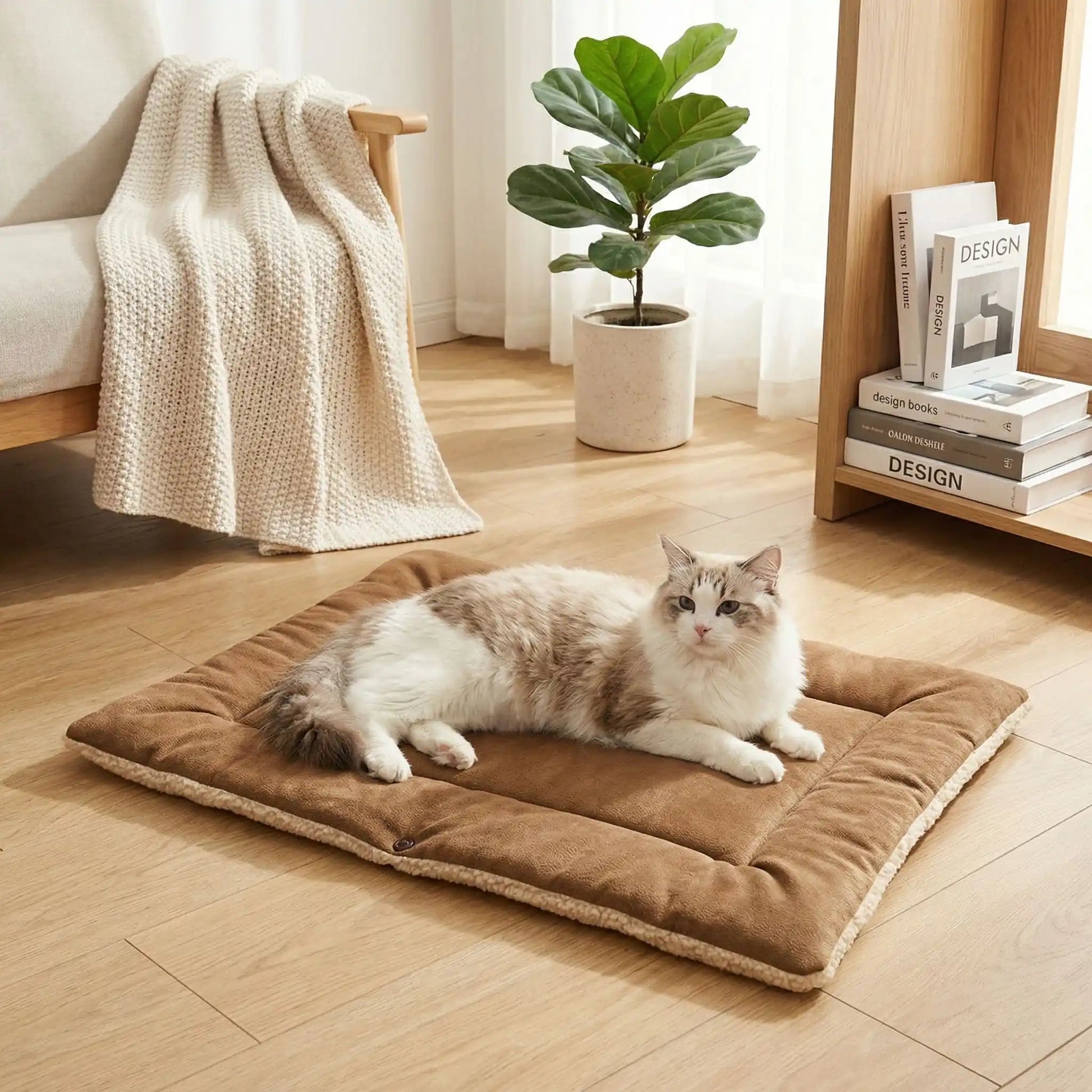 panier pour chat couleur marron couverture blanche plante
