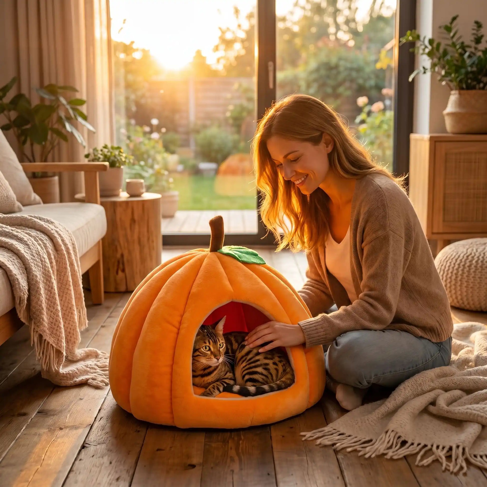 panier pour chat femme souriante bengal jardin arbre