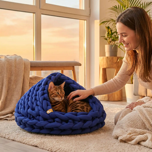 panier pour chat femme souriante caresse bengal tapis