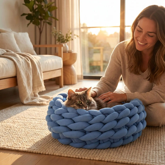 panier pour chat femme souriante caresse chat soleil