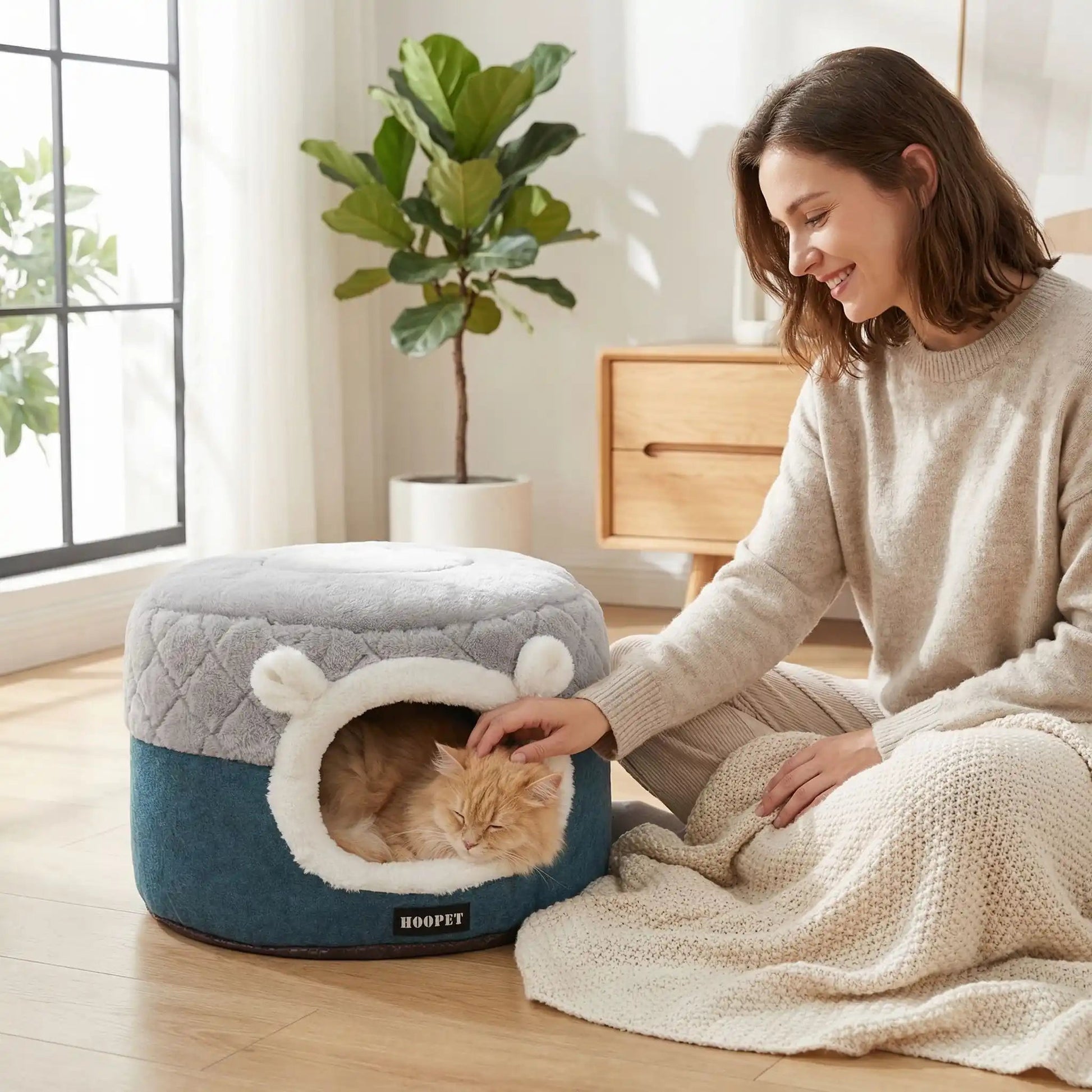 panier pour chat femme souriante couverture plante meuble