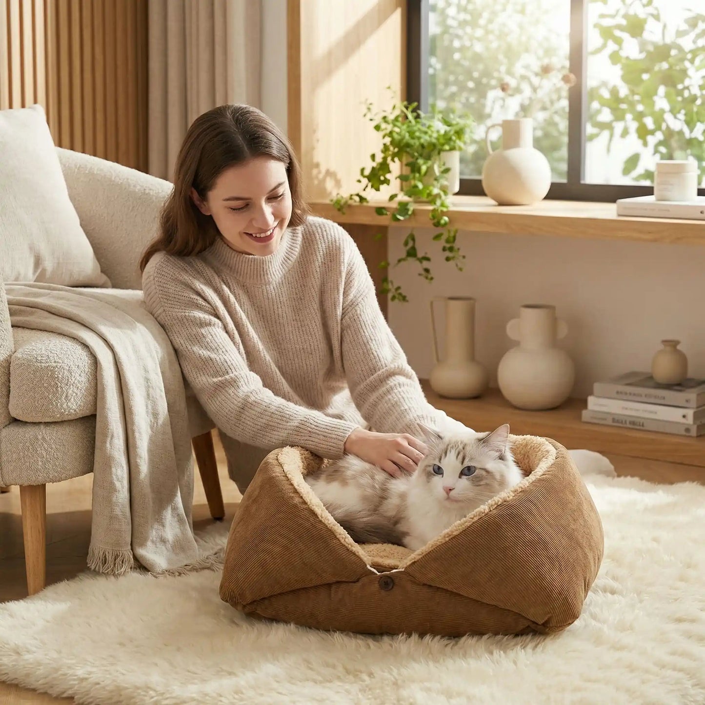 panier pour chat femme souriante livre coussin tapis
