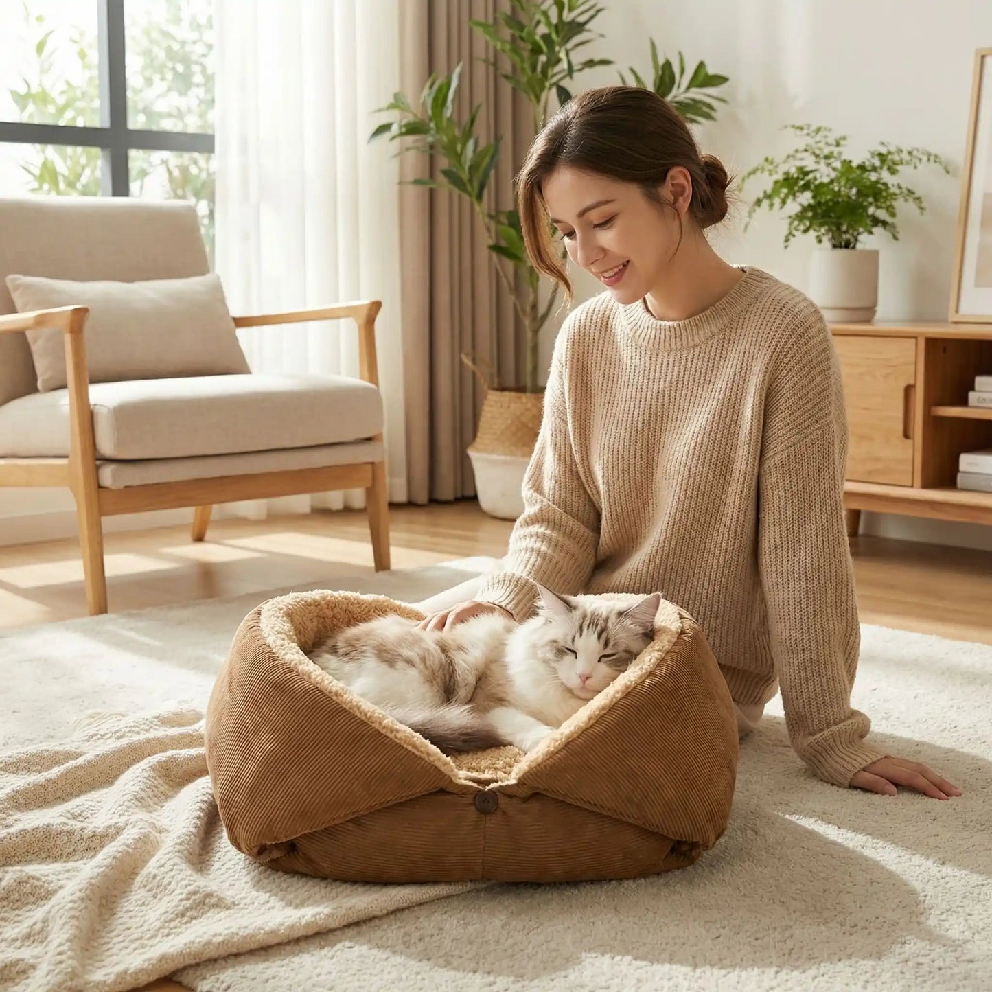 panier pour chat femme souriante tapis chaise livre