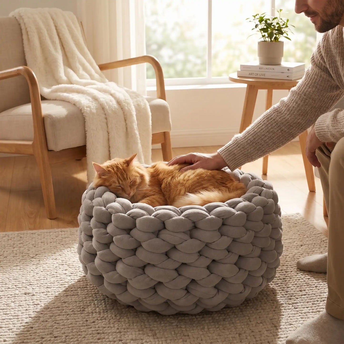panier pour chat gris homme caresse chat livre