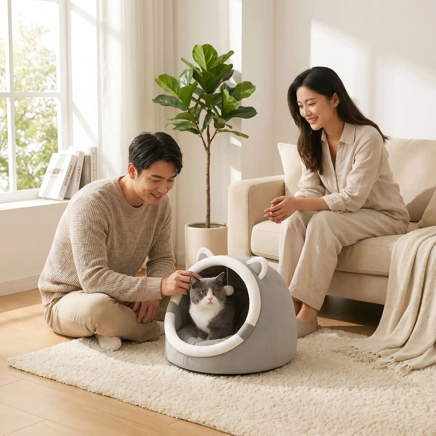 panier pour chat homme caresse chat femme assise