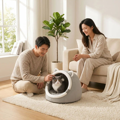 panier pour chat homme caresse chat femme assise