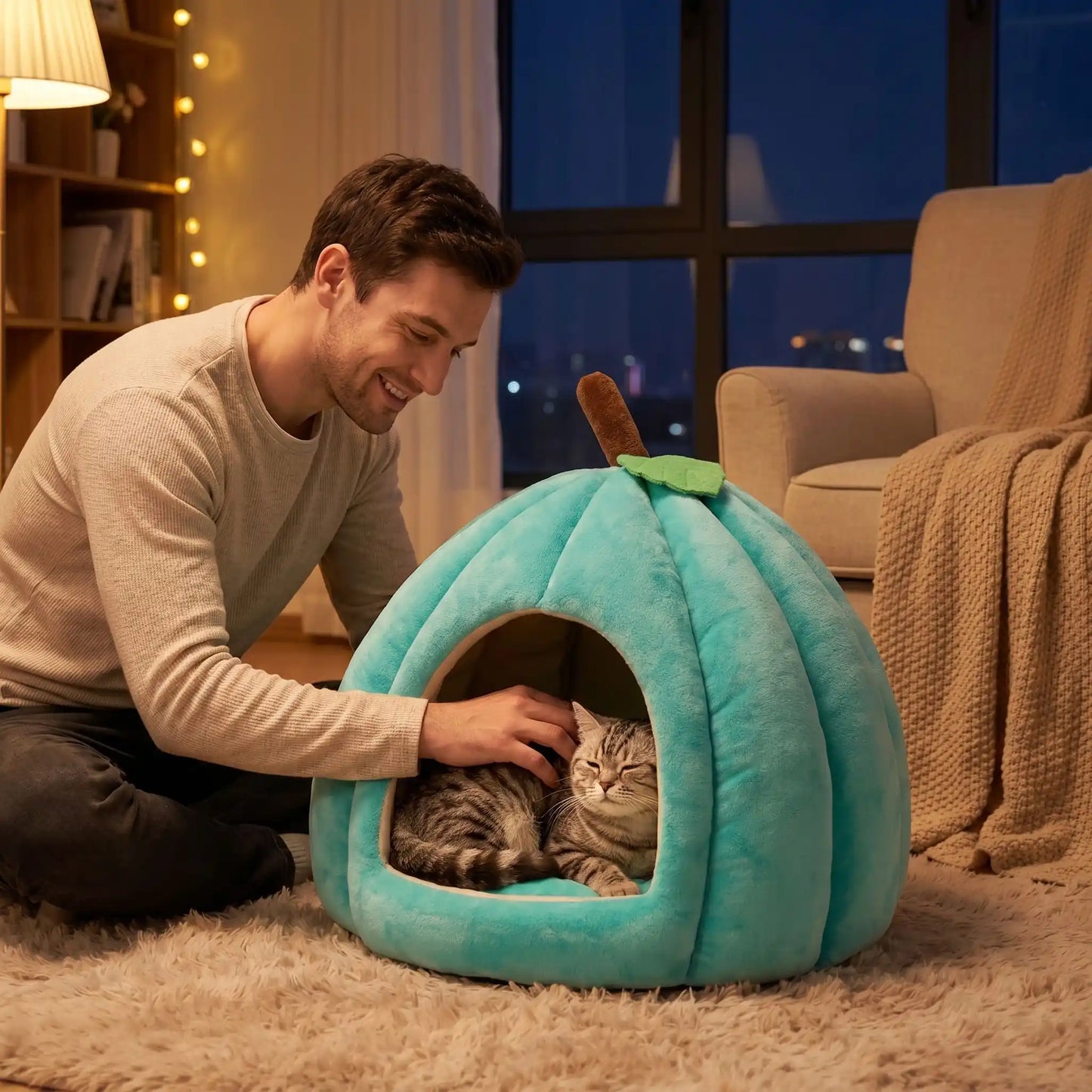 panier pour chat homme caresse chat nuit guirlande