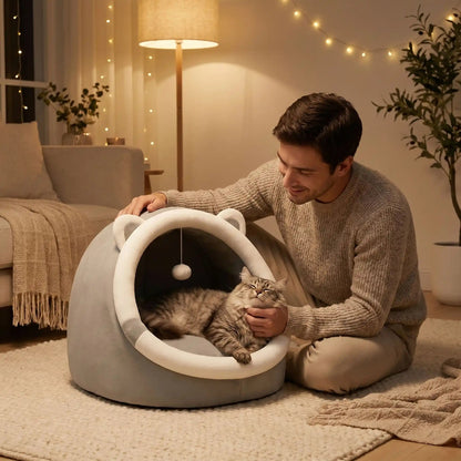 panier pour chat lampe guirlande plante tapis blanc