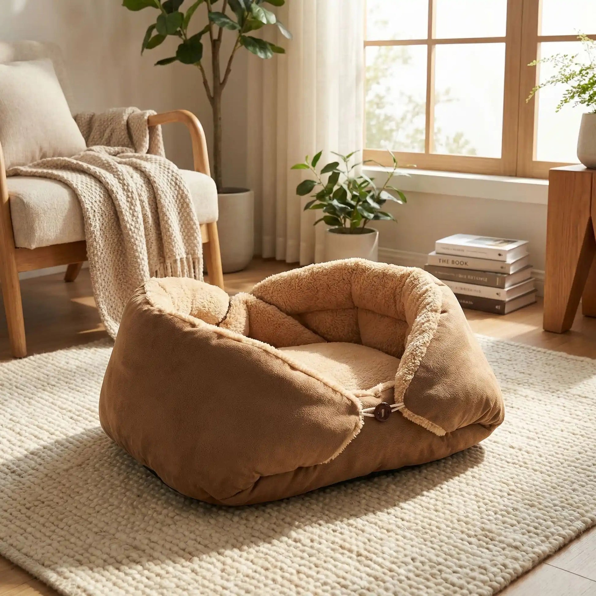 panier pour chat marron livre plante tapis coussin