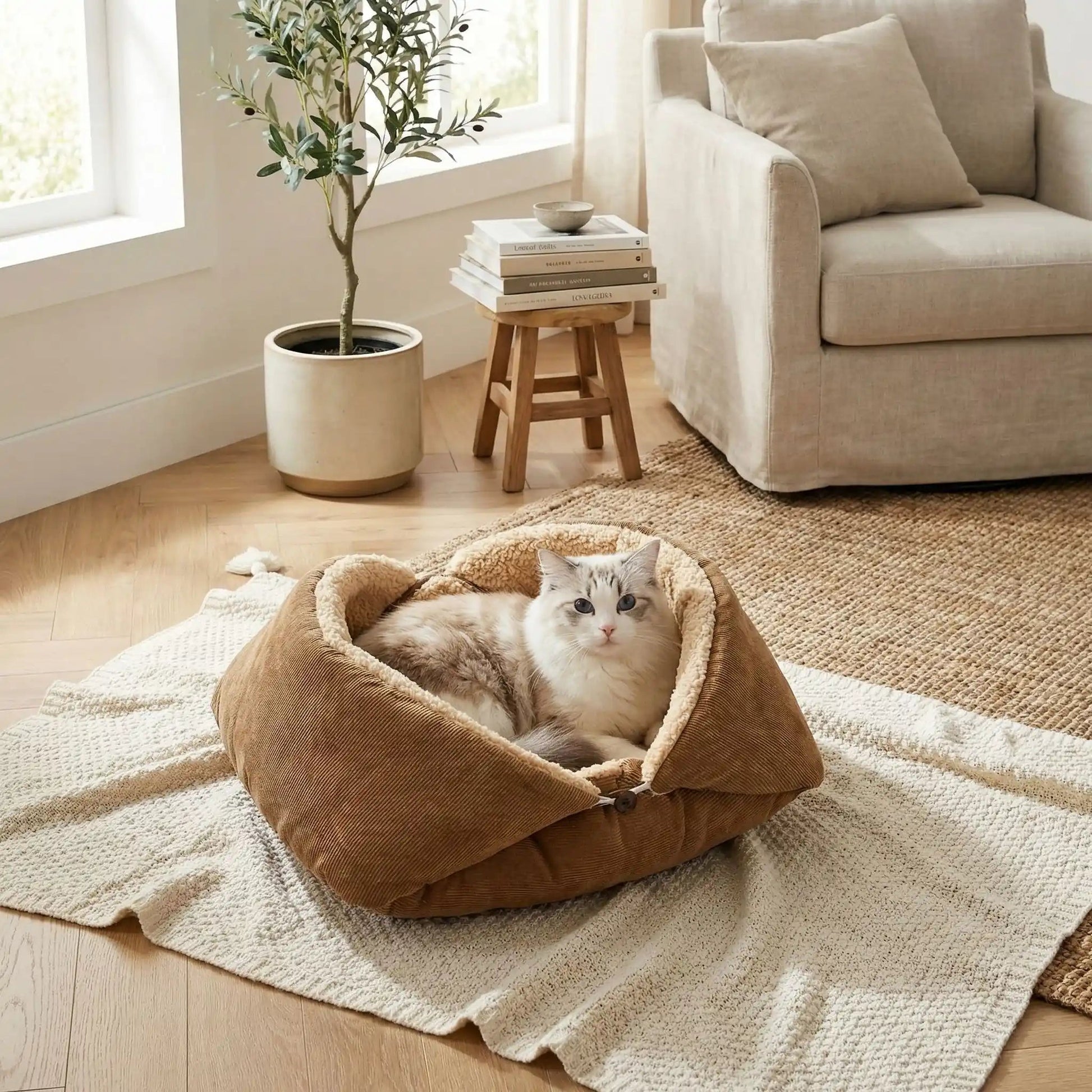 panier pour chat tapis blanc livre coussin plante