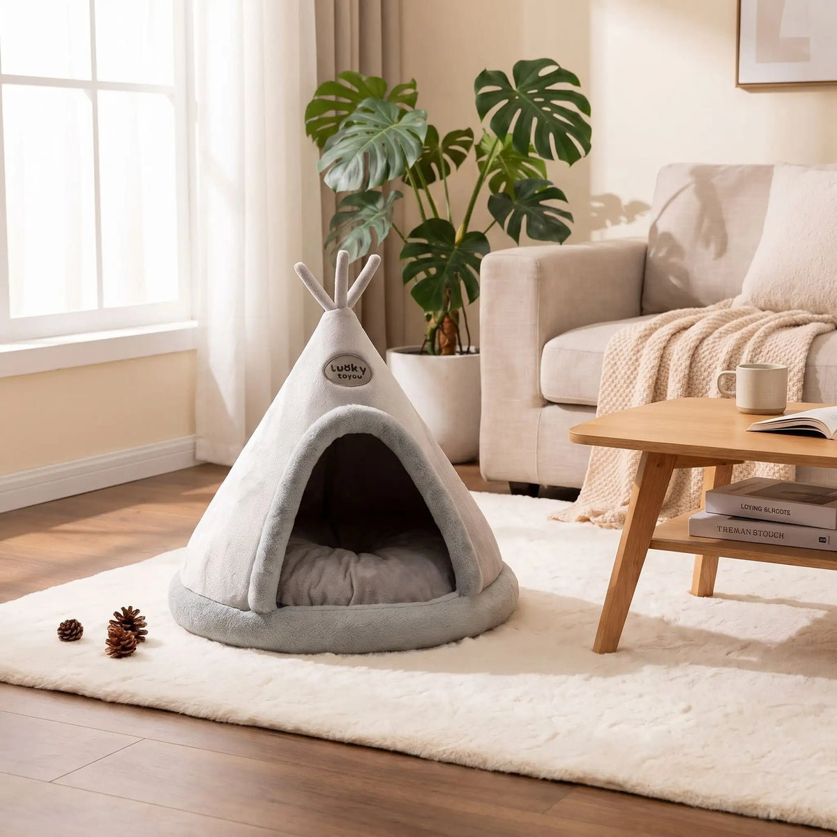 tipi chat couleur gris table livre rideaux