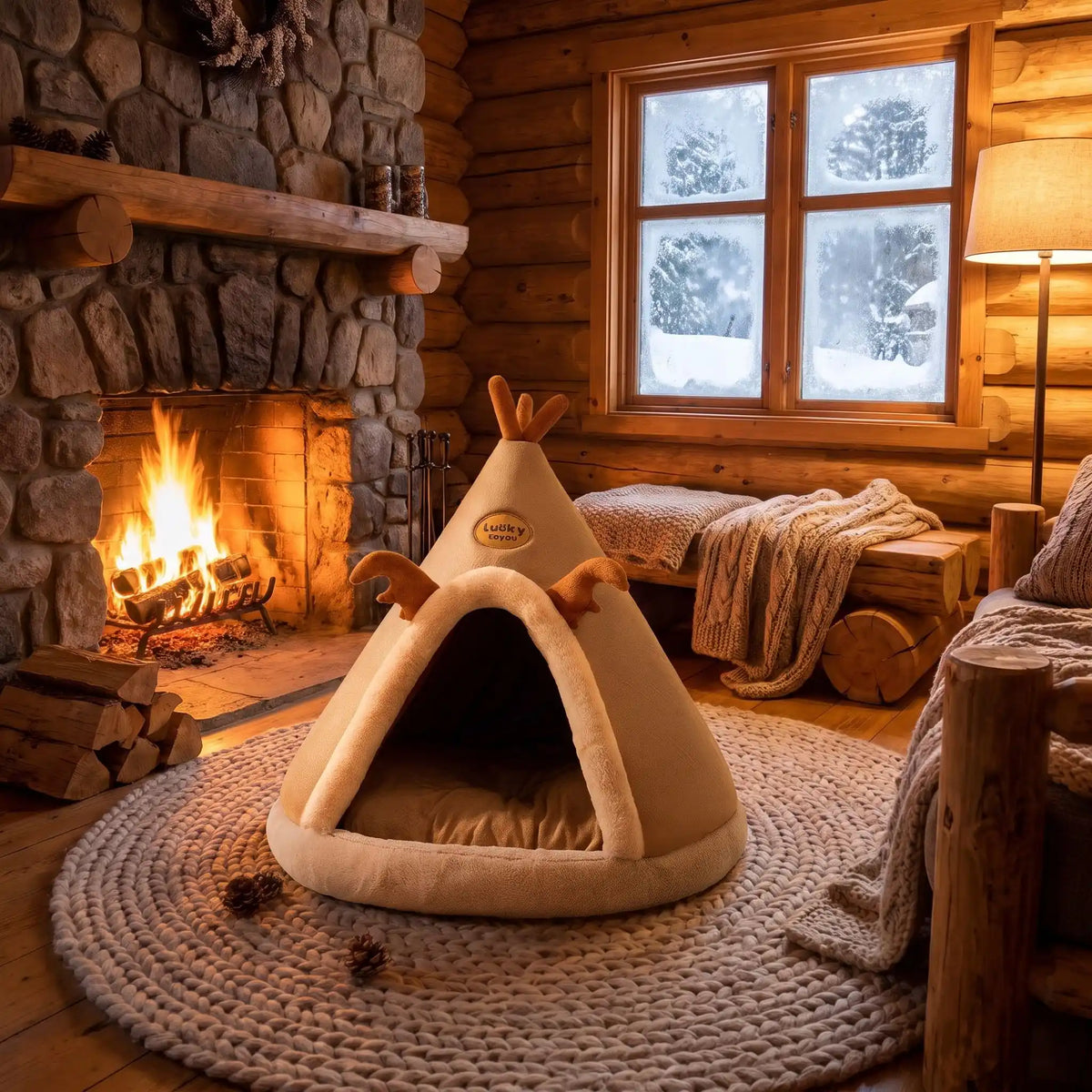 tipi chat neige lampe chemine lit tapis rond